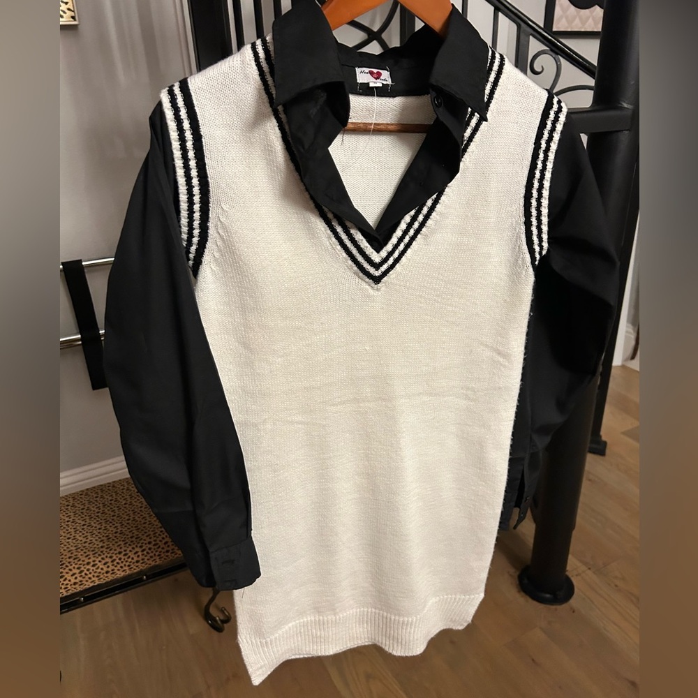 White and Black V-Neck Dress